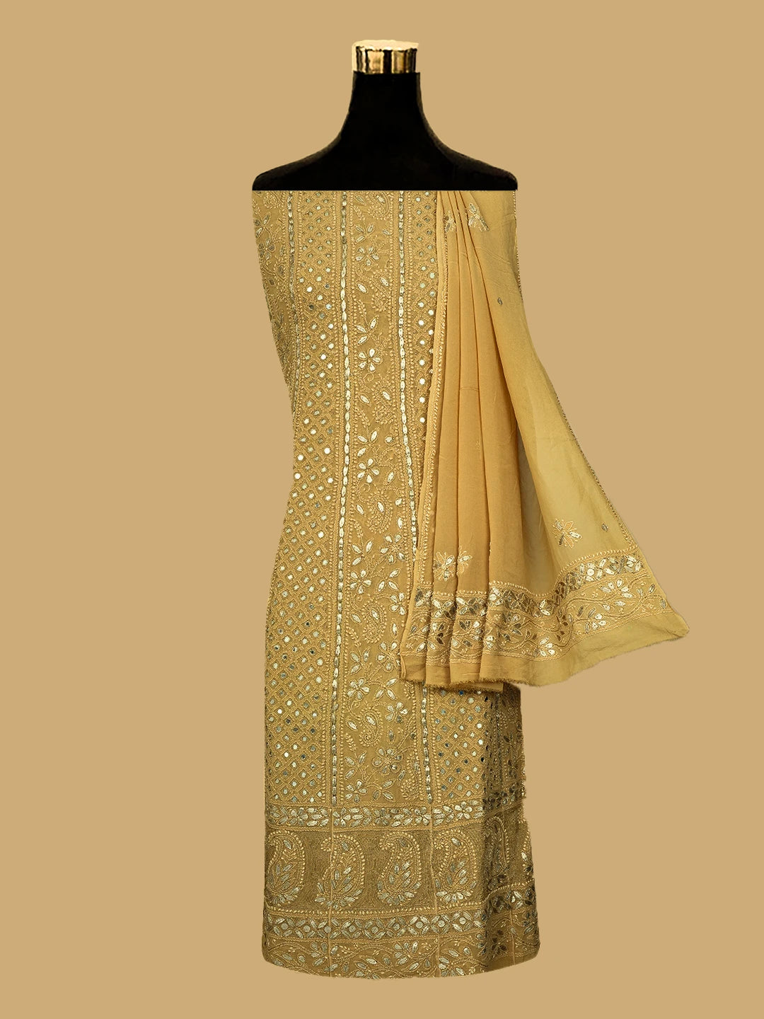 Ada Hand Embroidered Fawn Pure Georgette Lucknowi Chikankari Semi-Stitched Anarkali Kurta Dupatta Set With Gota Patti Work 01A613803