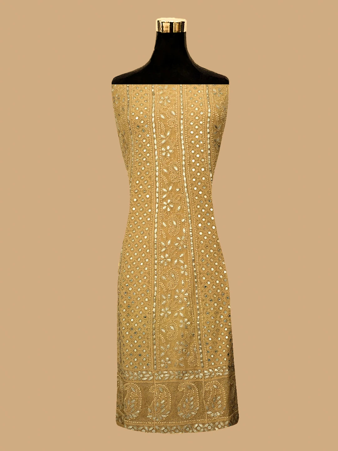 Ada Hand Embroidered Fawn Pure Georgette Lucknowi Chikankari Semi-Stitched Anarkali Kurta Dupatta Set With Gota Patti Work 01A613803