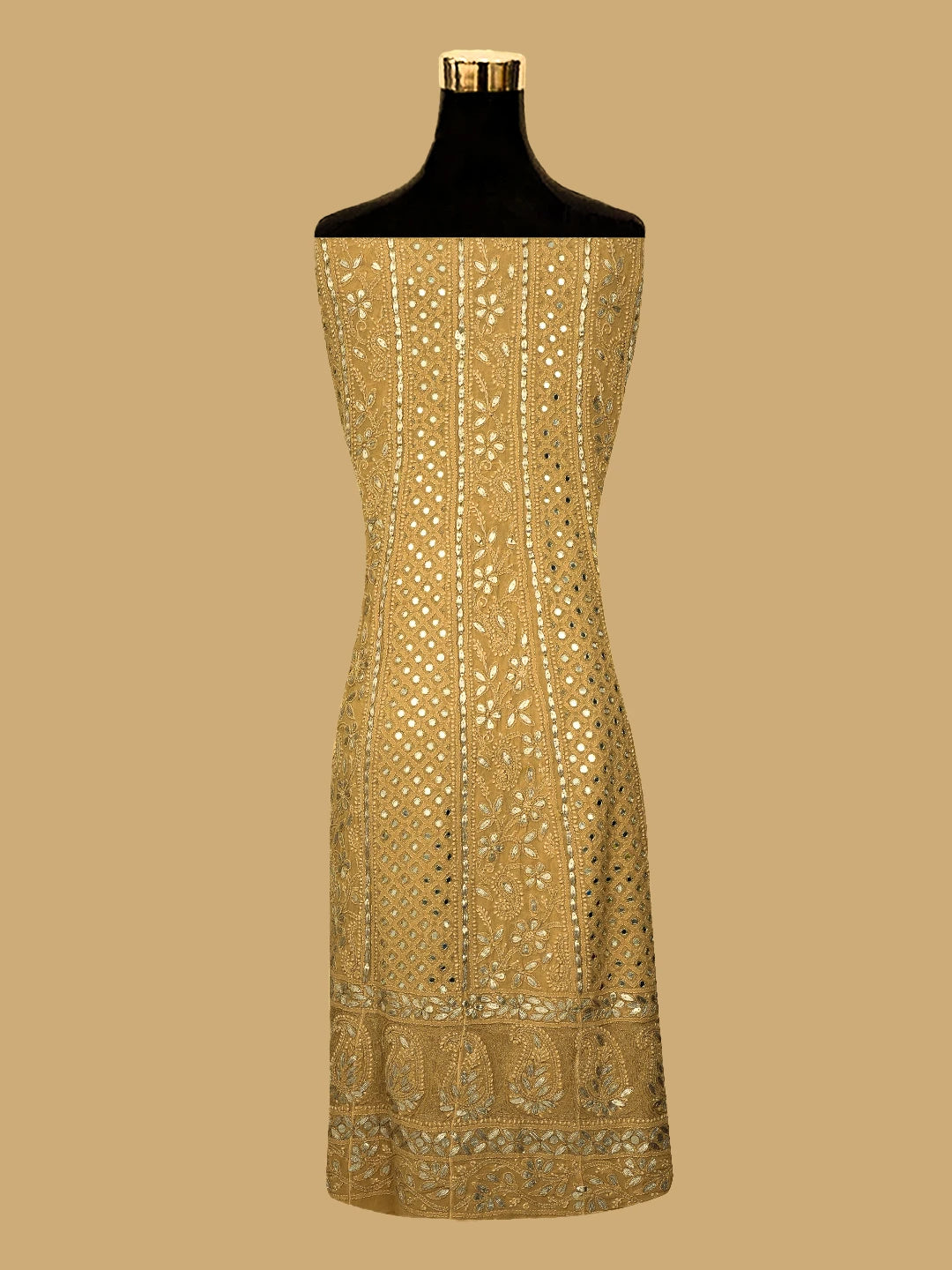 Ada Hand Embroidered Fawn Pure Georgette Lucknowi Chikankari Semi-Stitched Anarkali Kurta Dupatta Set With Gota Patti Work 01A613803