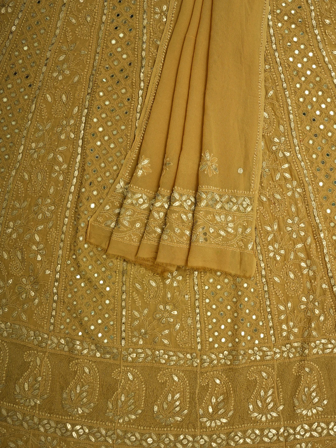 Ada Hand Embroidered Fawn Pure Georgette Lucknowi Chikankari Semi-Stitched Anarkali Kurta Dupatta Set With Gota Patti Work 01A613803