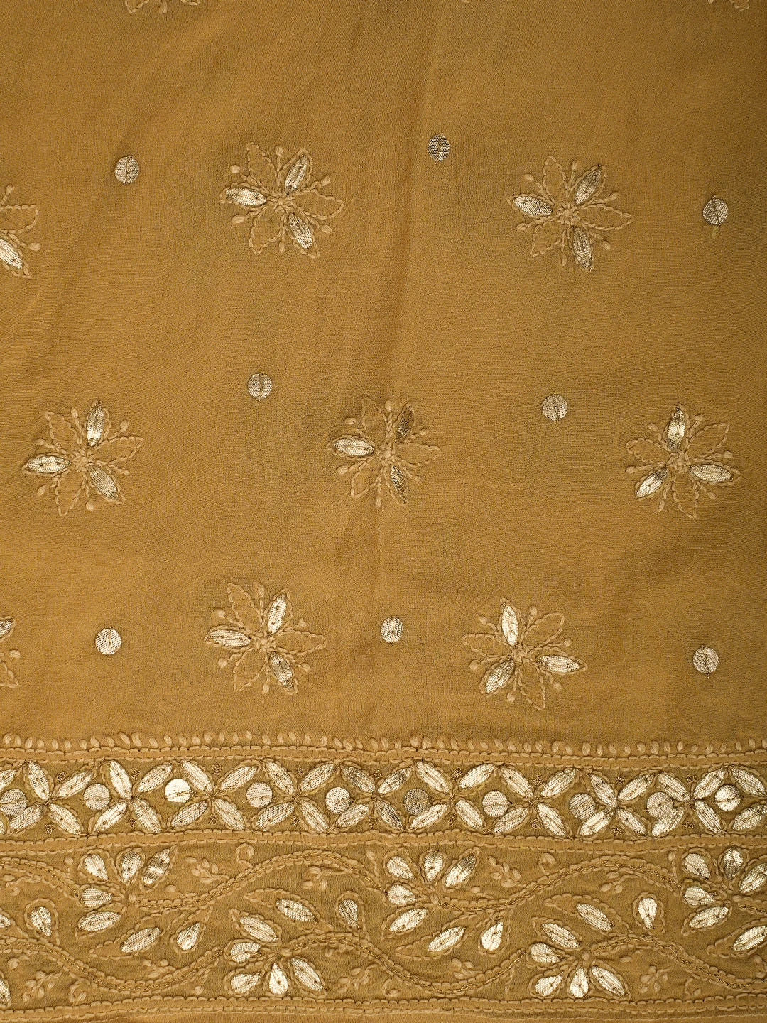 Ada Hand Embroidered Fawn Pure Georgette Lucknowi Chikankari Semi-Stitched Anarkali Kurta Dupatta Set With Gota Patti Work 01A613803