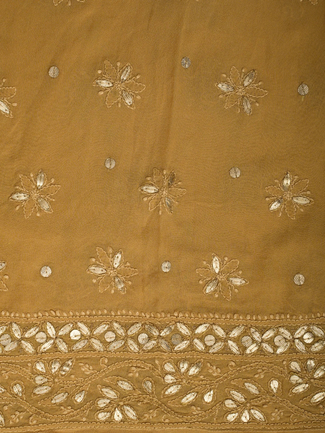 Ada Hand Embroidered Fawn Pure Georgette Lucknowi Chikankari Semi-Stitched Anarkali Kurta Dupatta Set With Gota Patti Work 01A613803
