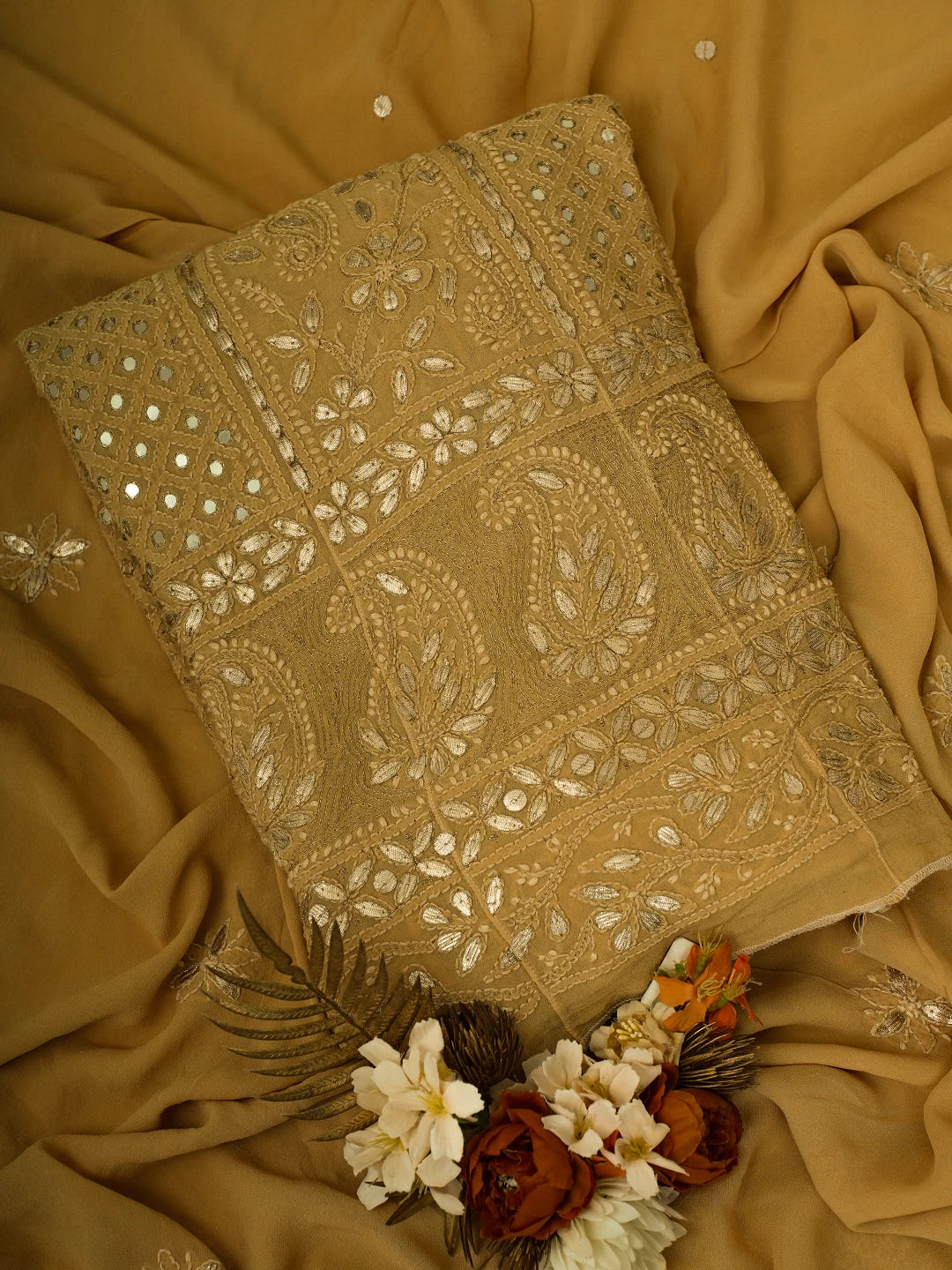 Ada Hand Embroidered Fawn Pure Georgette Lucknowi Chikankari Semi-Stitched Anarkali Kurta Dupatta Set With Gota Patti Work 01A613803