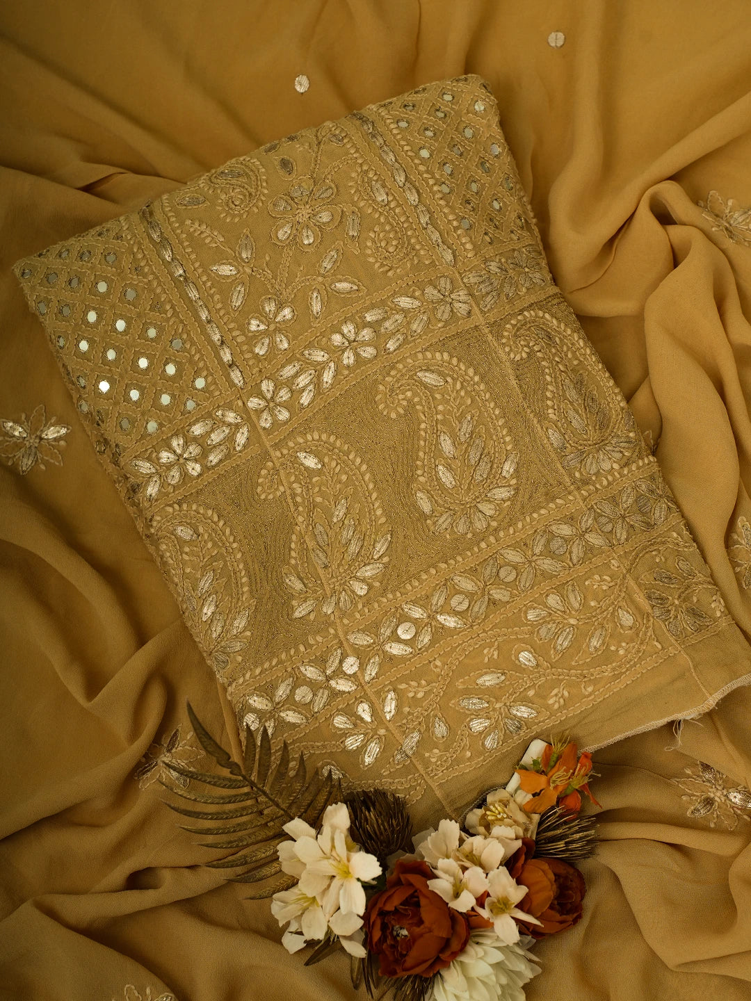 Ada Hand Embroidered Fawn Pure Georgette Lucknowi Chikankari Semi-Stitched Anarkali Kurta Dupatta Set With Gota Patti Work 01A613803