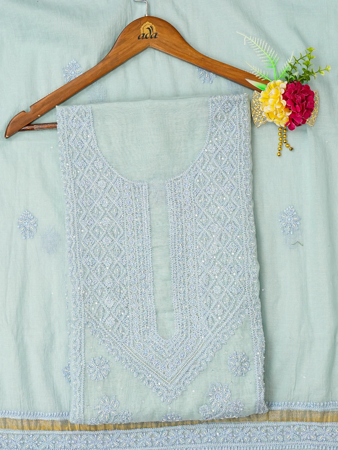 Ada Hand Embroidered Ice Blue Chanderi Lucknowi Chikankari Unstitched Kurta Dupatta Set With Cutdana Work 01A642347