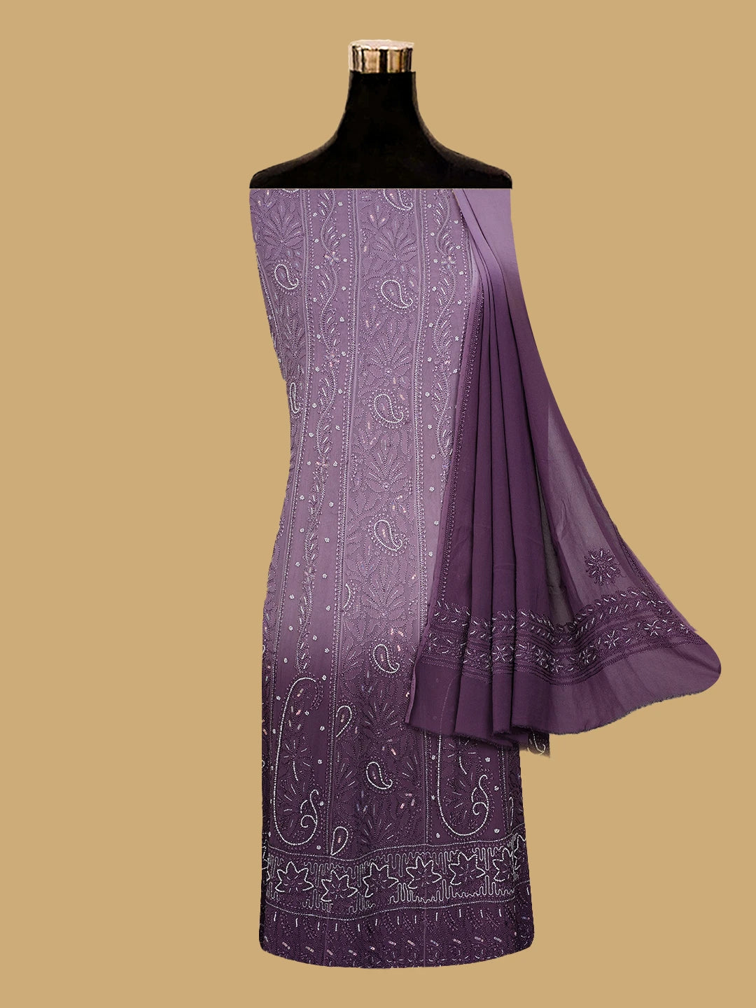 Ada Hand Embroidered Ombre Shade Of Early Bird And Affair Purple Viscose Georgette Lucknowi Chikankari Semi-Stitched Anarkali Kurta Dupatta Set With Cutdana Work 01A688194