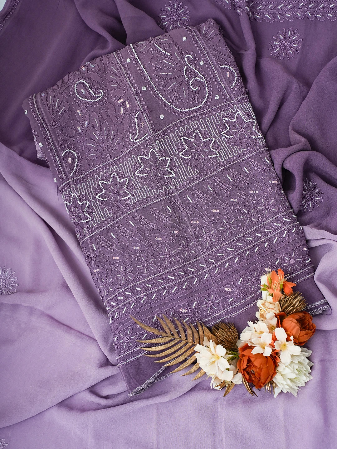 Ada Hand Embroidered Ombre Shade Of Early Bird And Affair Purple Viscose Georgette Lucknowi Chikankari Semi-Stitched Anarkali Kurta Dupatta Set With Cutdana Work 01A688194