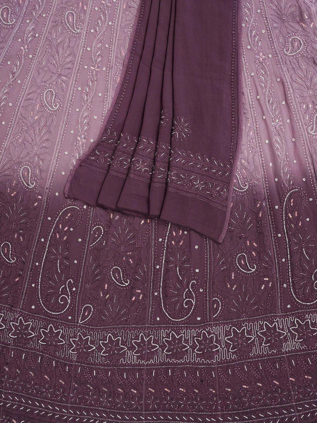 Ada Hand Embroidered Ombre Shade Of Early Bird And Affair Purple Viscose Georgette Lucknowi Chikankari Semi-Stitched Anarkali Kurta Dupatta Set With Cutdana Work 01A688194