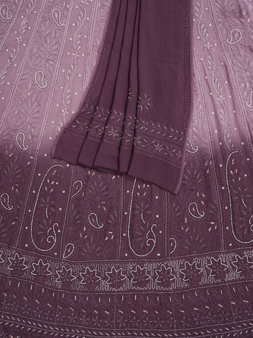 Ada Hand Embroidered Ombre Shade Of Early Bird And Affair Purple Viscose Georgette Lucknowi Chikankari Semi-Stitched Anarkali Kurta Dupatta Set With Cutdana Work 01A688194