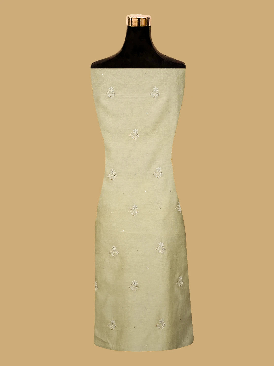 Ada Hand Embroidered Beige Chanderi Lucknowi Chikankari Unstitched Kurta Dupatta Set With Pearl Work 01A647891