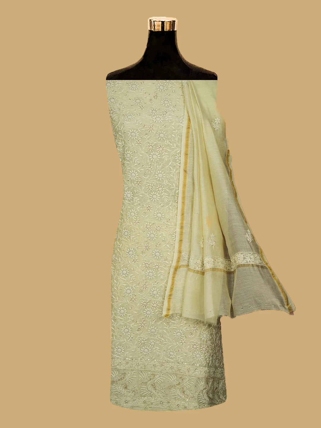 Ada Hand Embroidered Beige Chanderi Lucknowi Chikankari Unstitched Kurta Dupatta Set With Pearl Work 01A647891