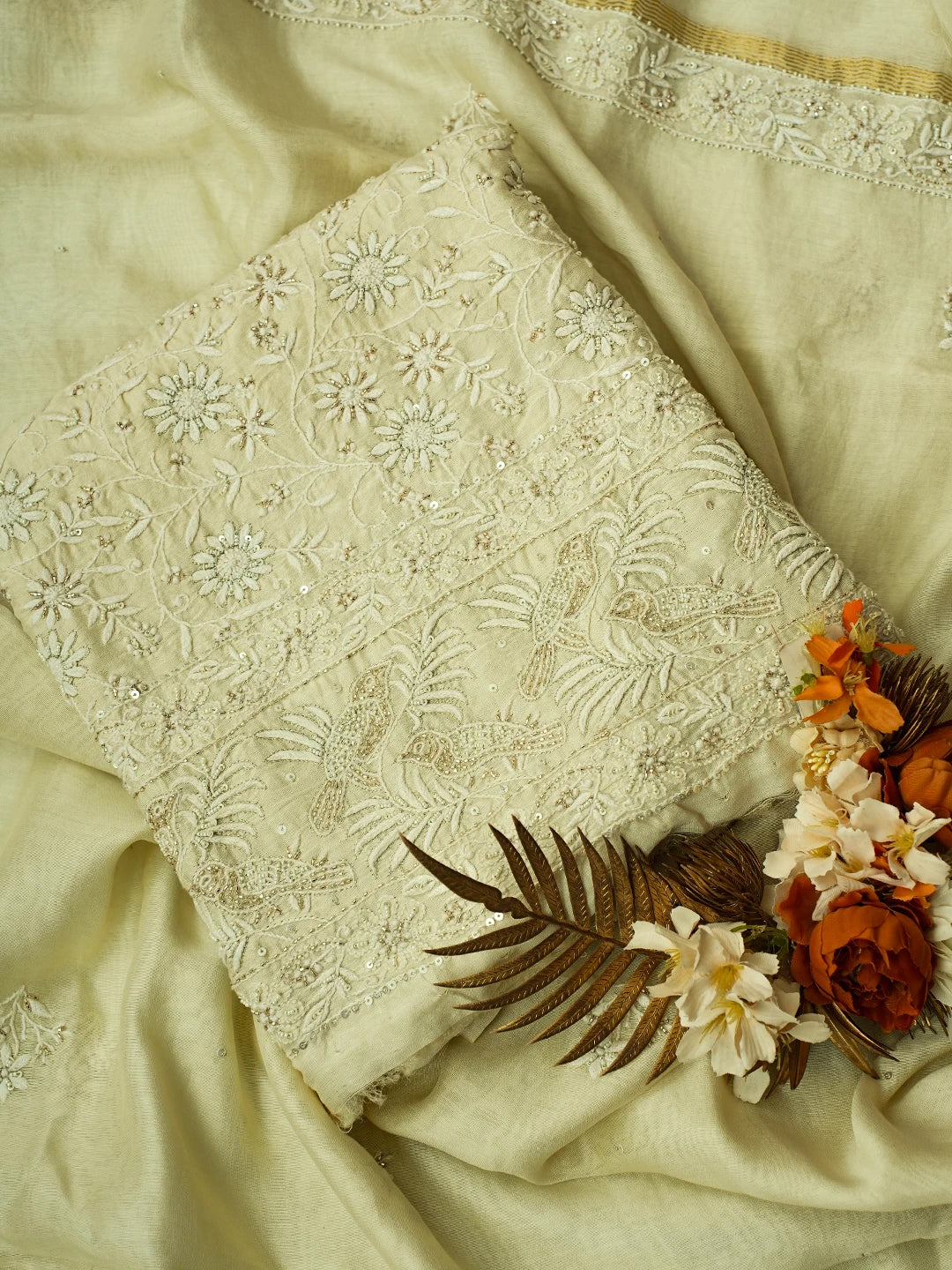 Ada Hand Embroidered Beige Chanderi Lucknowi Chikankari Unstitched Kurta Dupatta Set With Pearl Work 01A647891