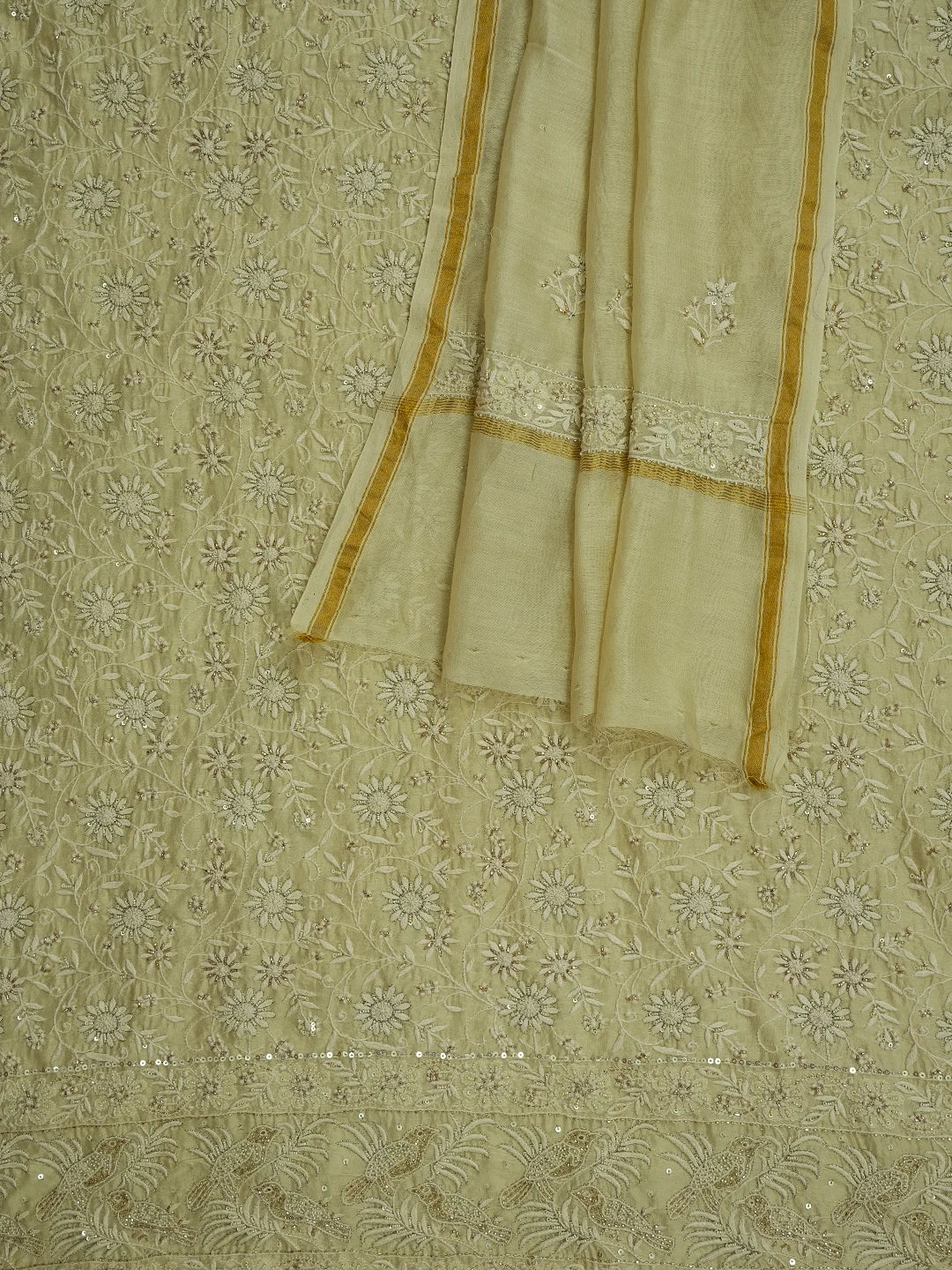 Ada Hand Embroidered Beige Chanderi Lucknowi Chikankari Unstitched Kurta Dupatta Set With Pearl Work 01A647891