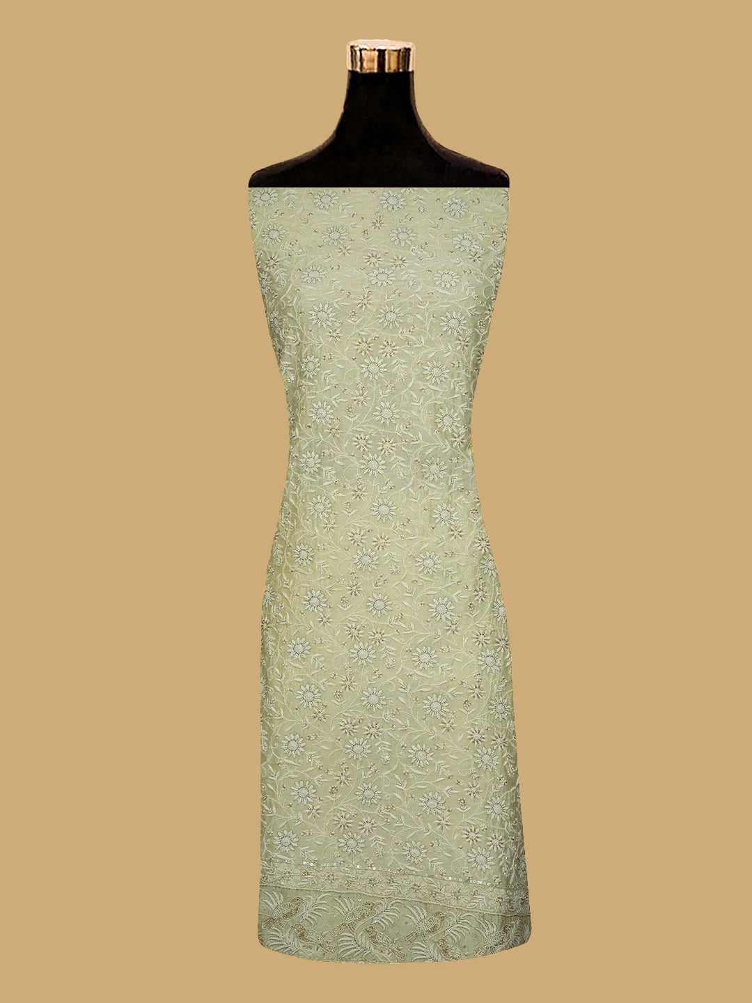 Ada Hand Embroidered Beige Chanderi Lucknowi Chikankari Unstitched Kurta Dupatta Set With Pearl Work 01A647891