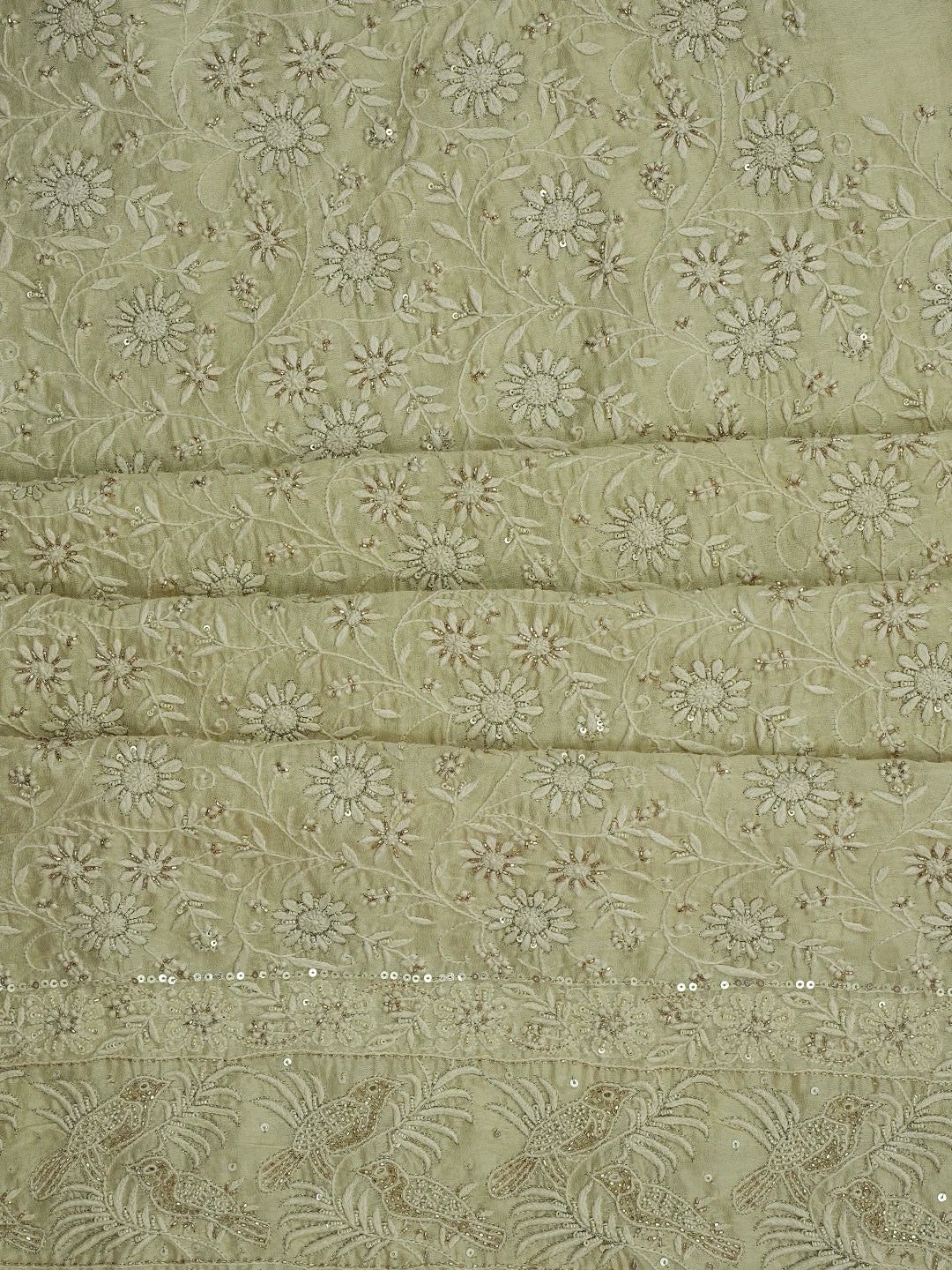 Ada Hand Embroidered Beige Chanderi Lucknowi Chikankari Unstitched Kurta Dupatta Set With Pearl Work 01A647891