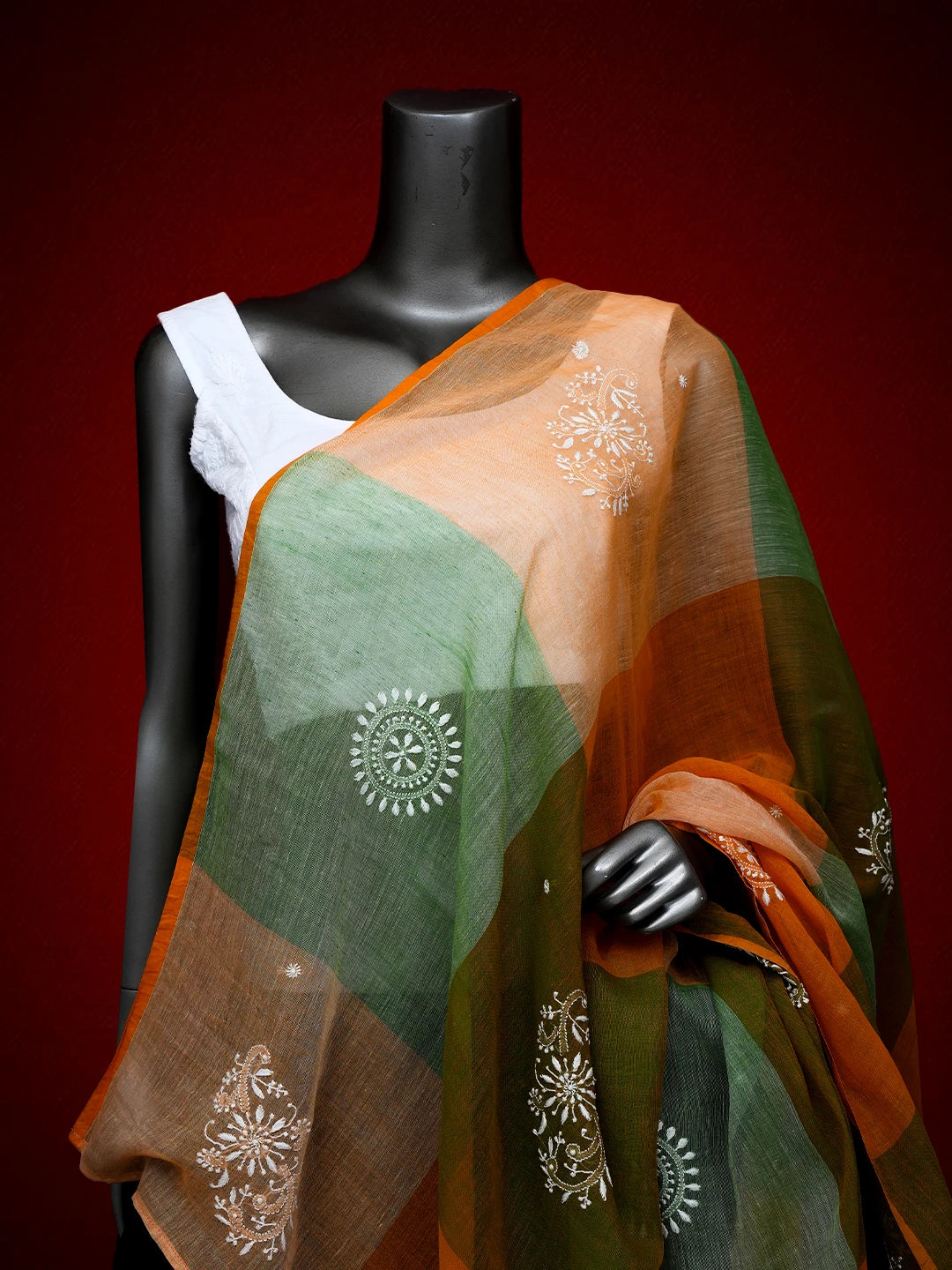 Ada Hand Embroidered Orange Cotton Lucknowi Chikankari Dupatta 01A533251
