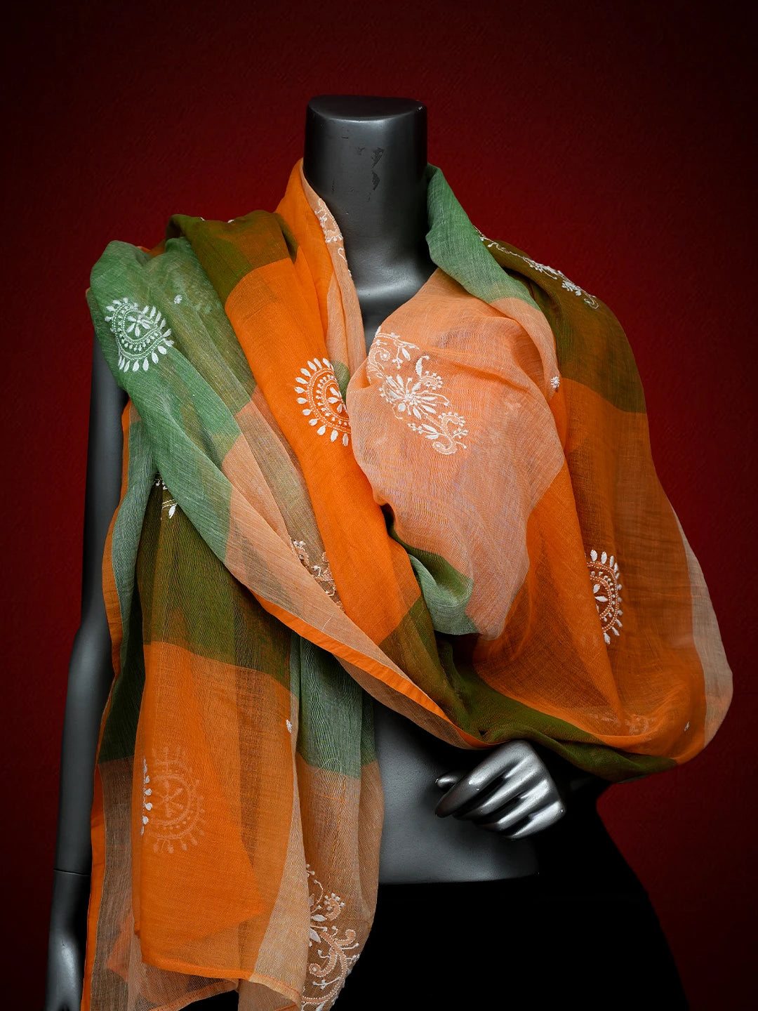 Ada Hand Embroidered Orange Cotton Lucknowi Chikankari Dupatta 01A533251