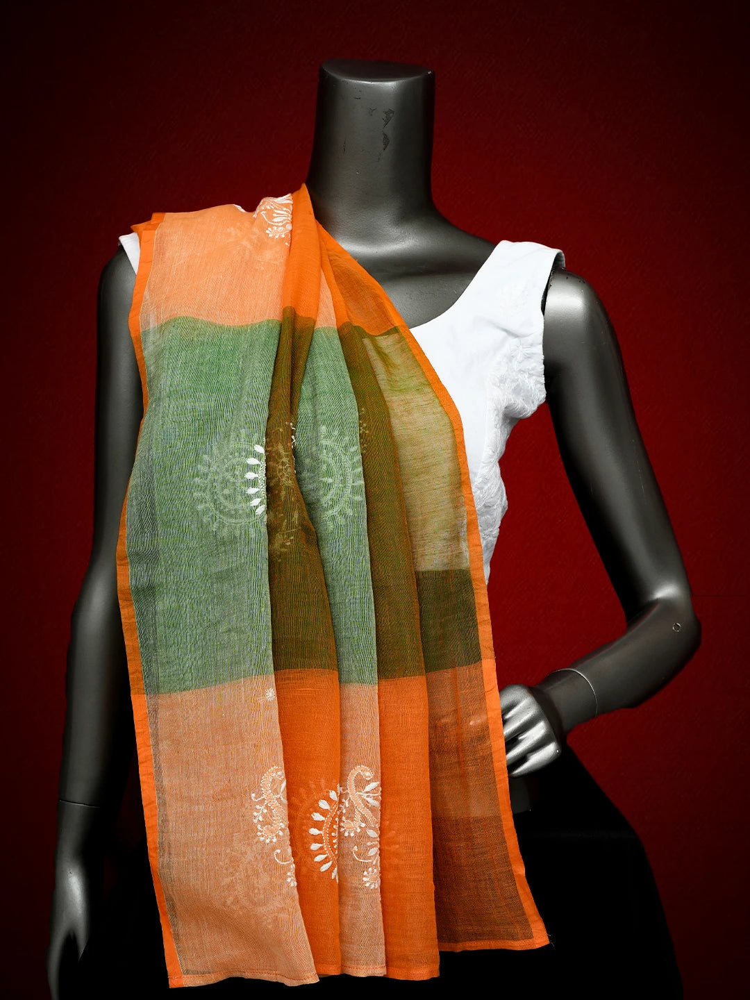 Ada Hand Embroidered Orange Cotton Lucknowi Chikankari Dupatta 01A533251