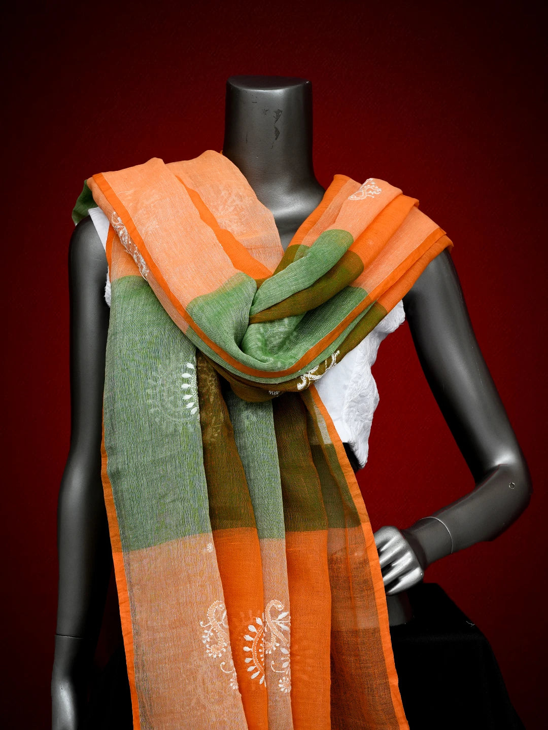 Ada Hand Embroidered Orange Cotton Lucknowi Chikankari Dupatta 01A533251