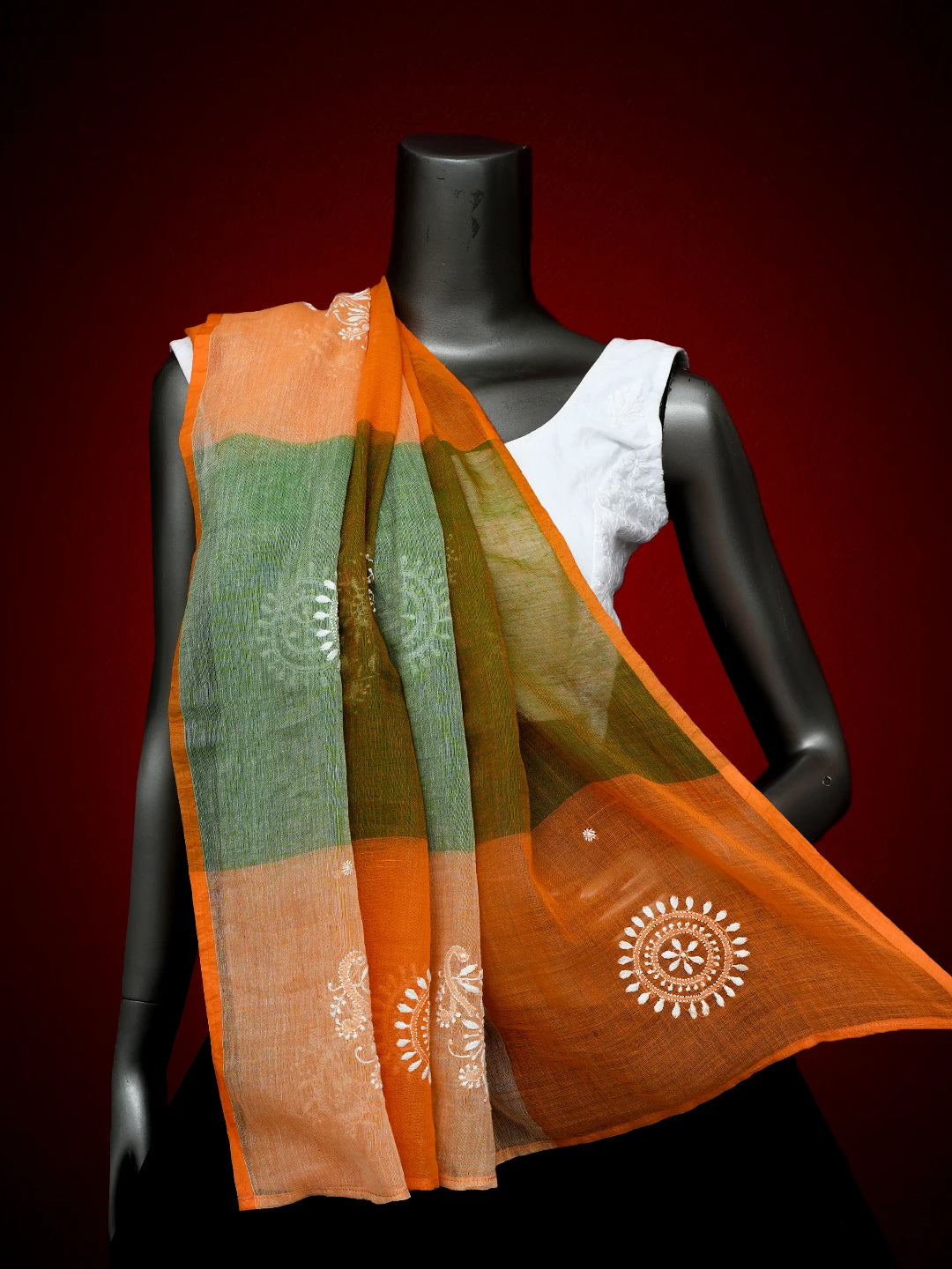 Ada Hand Embroidered Orange Cotton Lucknowi Chikankari Dupatta 01A533251