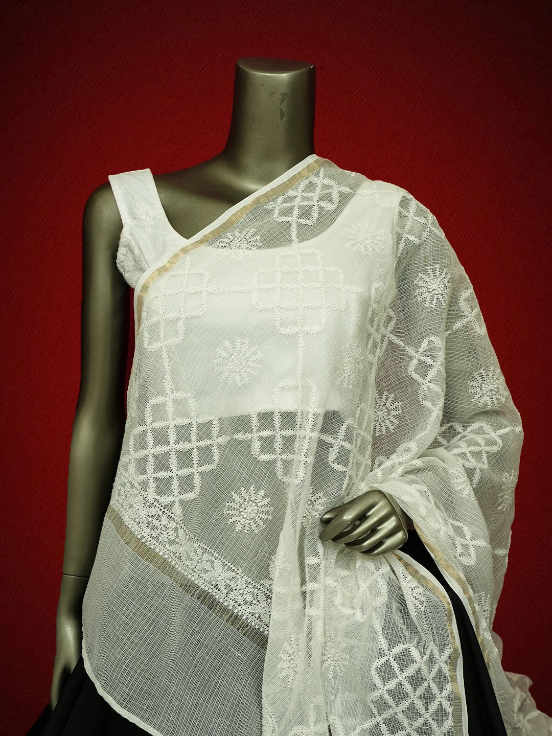 Ada Hand Embroidered White Kota Lucknowi Chikankari Dupatta 01A695616