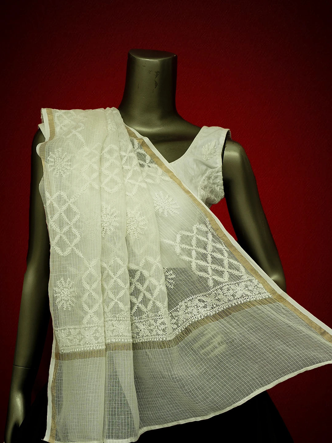 Ada Hand Embroidered White Kota Lucknowi Chikankari Dupatta 01A695616