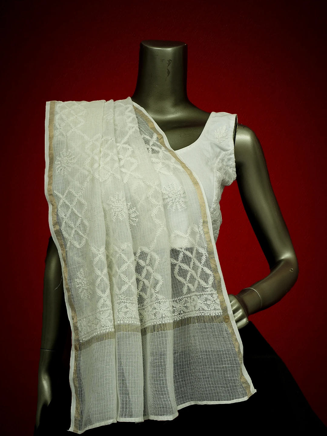 Ada Hand Embroidered White Kota Lucknowi Chikankari Dupatta 01A695616