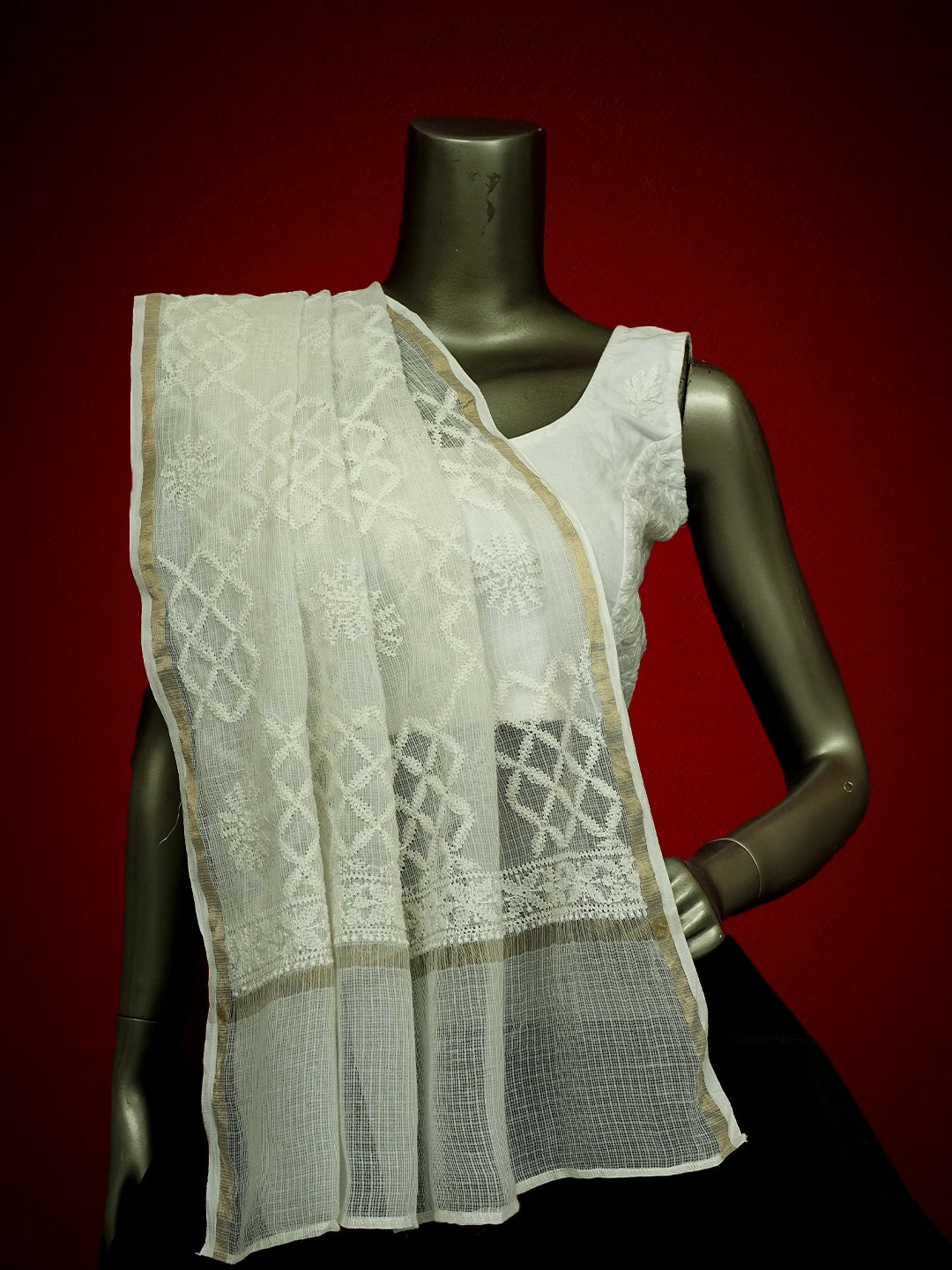 Ada Hand Embroidered White Kota Lucknowi Chikankari Dupatta 01A695616