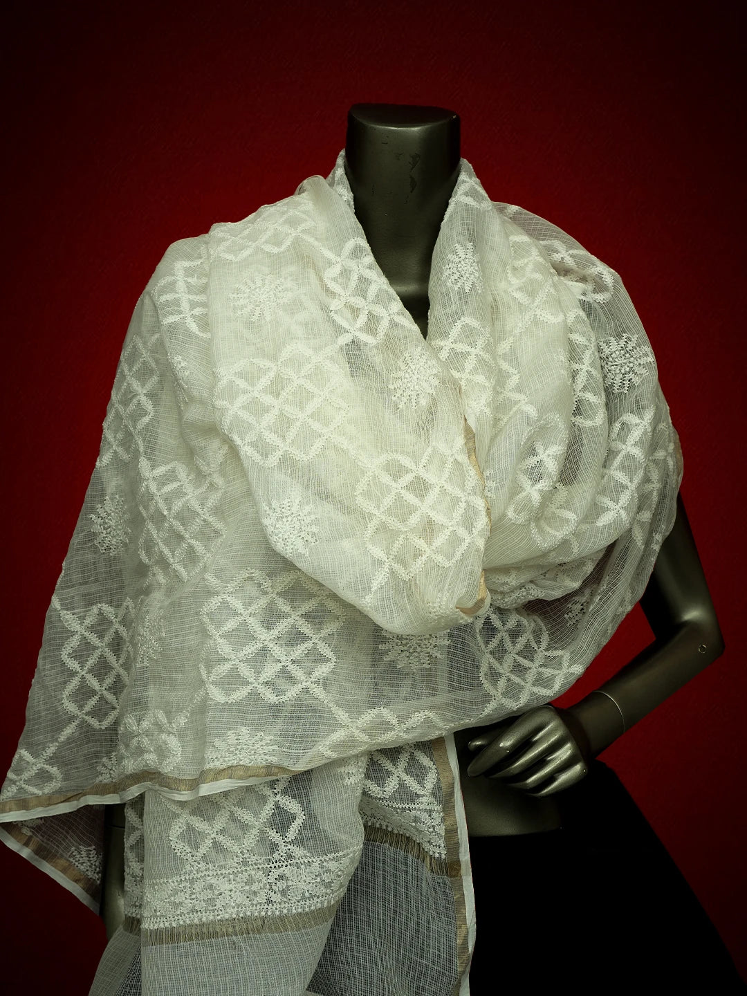 Ada Hand Embroidered White Kota Lucknowi Chikankari Dupatta 01A695616