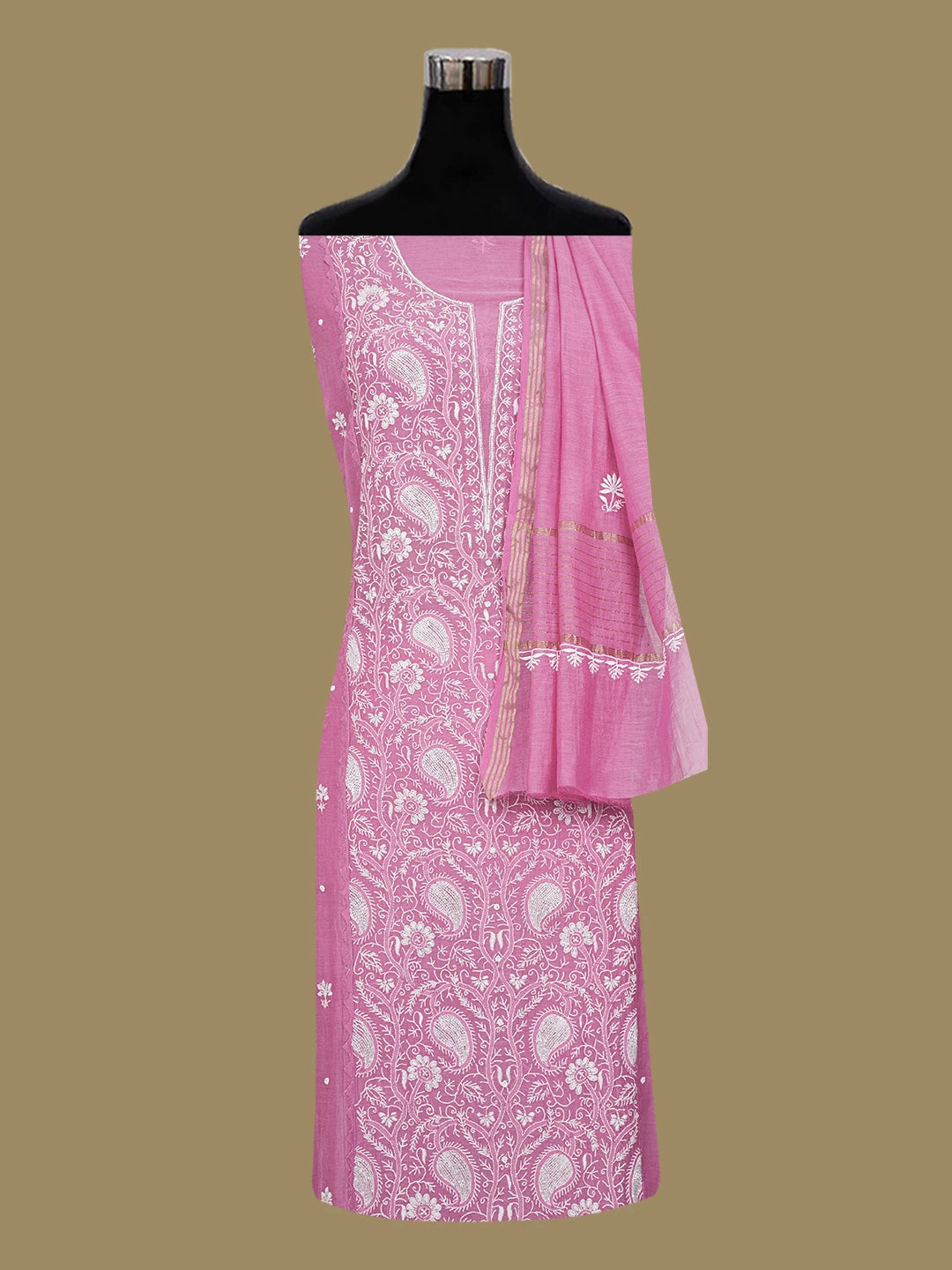 Ada Hand Embroidered Magenta Chanderi Lucknowi Chikankari Semi-Stitched Kurta Dupatta Set With Cutdana Work 01A648366