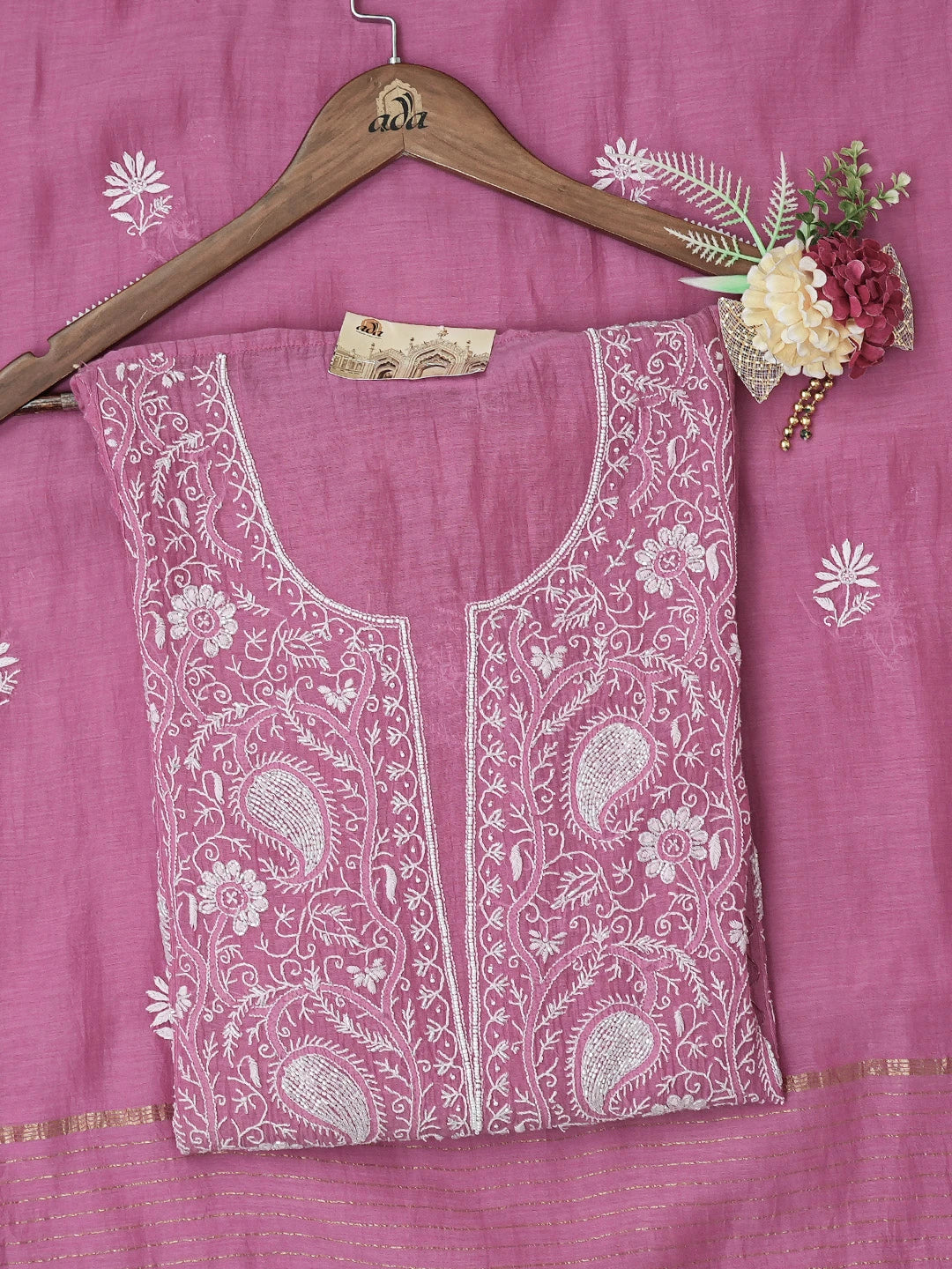 Ada Hand Embroidered Magenta Chanderi Lucknowi Chikankari Semi-Stitched Kurta Dupatta Set With Cutdana Work 01A648366