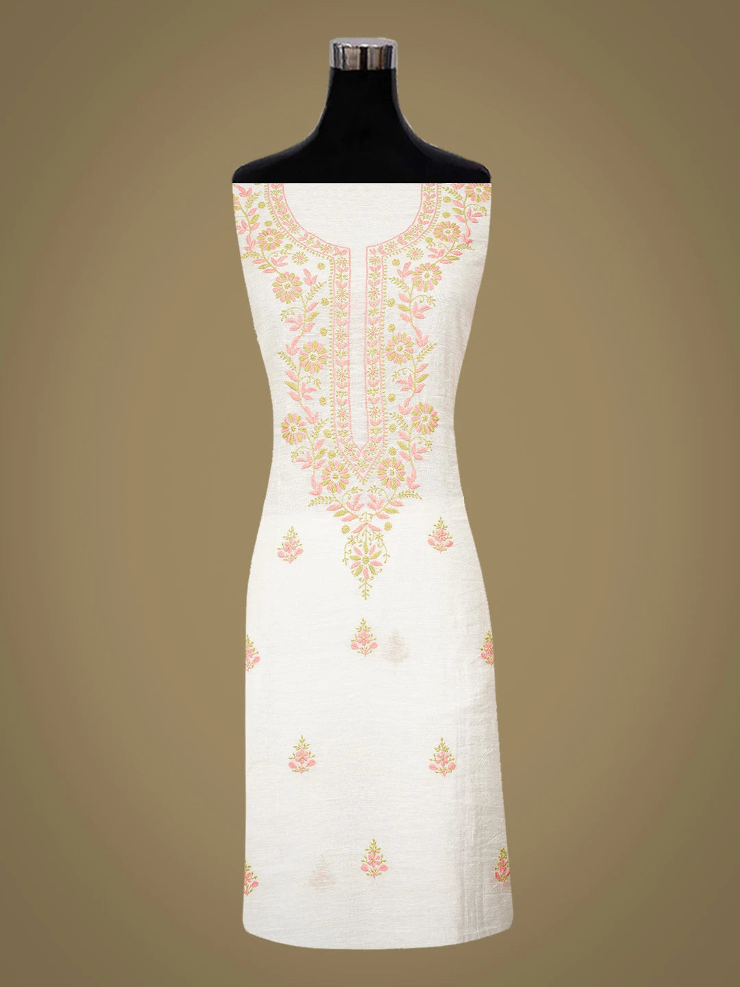 Ada Hand Embroidered White Chanderi Lucknowi Chikankari Unstitched Kurta Dupatta Set 01A430098