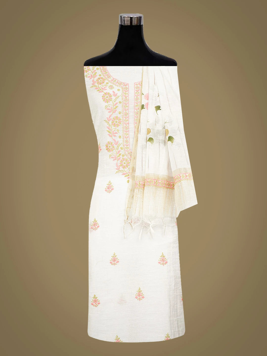 Ada Hand Embroidered White Chanderi Lucknowi Chikankari Unstitched Kurta Dupatta Set 01A430098