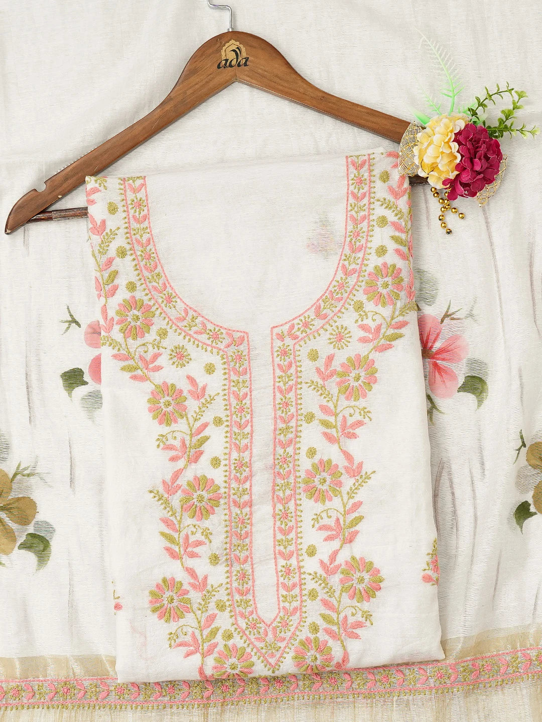 Ada Hand Embroidered White Chanderi Lucknowi Chikankari Unstitched Kurta Dupatta Set 01A430098