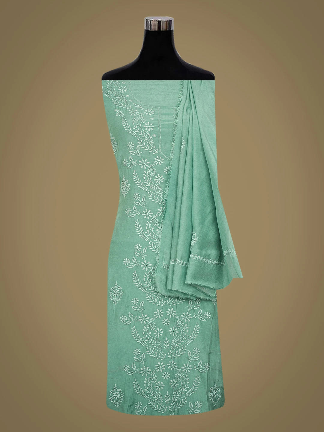 Ada Hand Embroidered Jungle Green Muslin Lucknowi Chikankari Unstitched Kurta Dupatta Set 01A609961