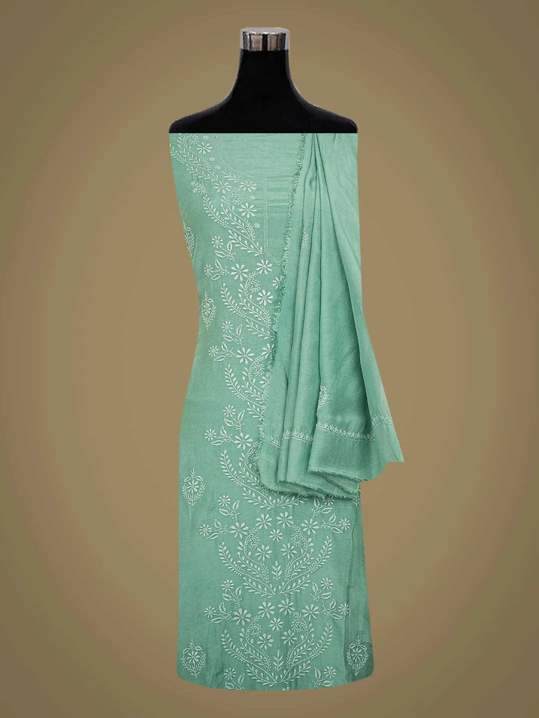 Ada Hand Embroidered Jungle Green Muslin Lucknowi Chikankari Unstitched Kurta Dupatta Set 01A609961