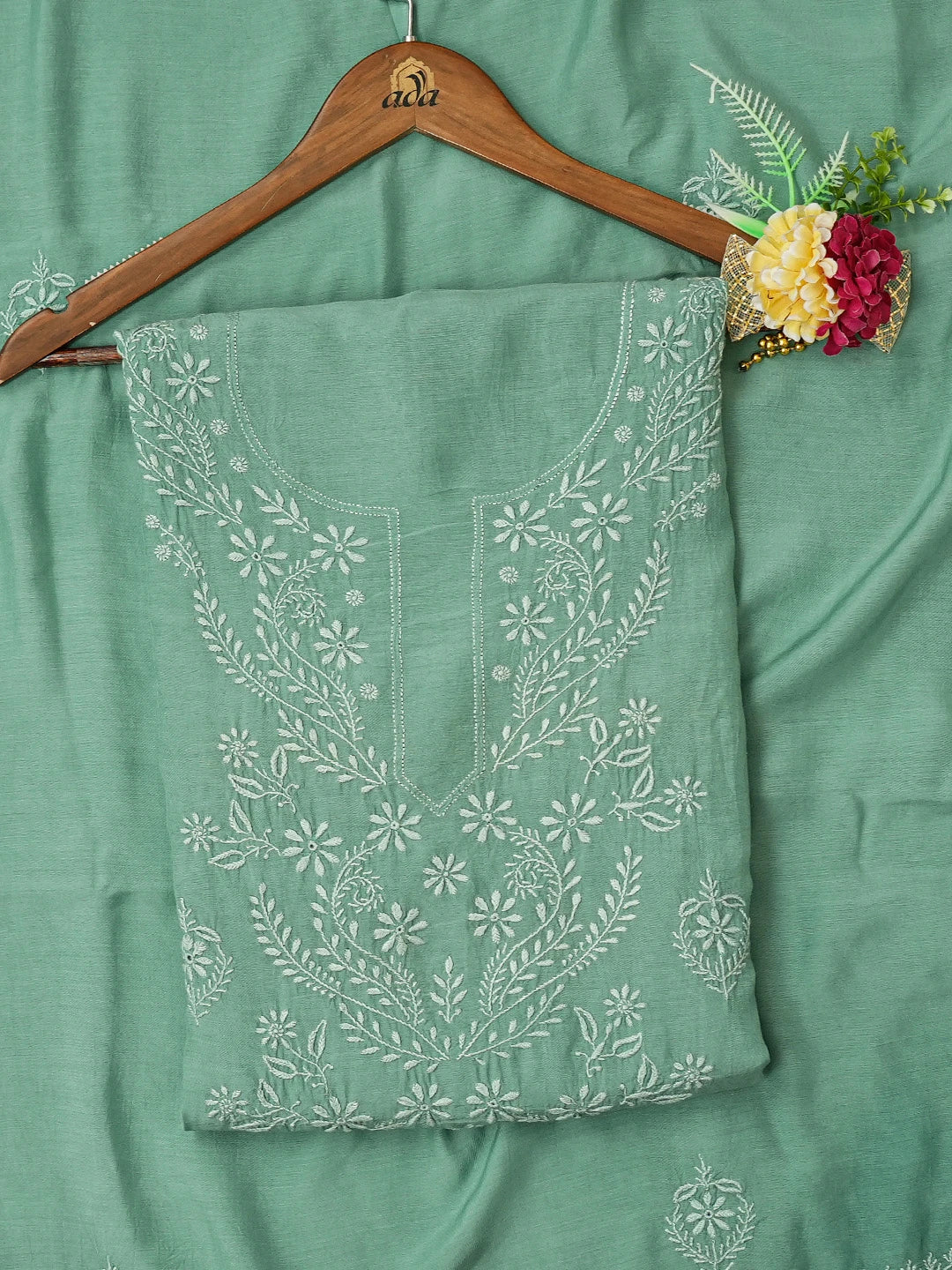 Ada Hand Embroidered Jungle Green Muslin Lucknowi Chikankari Unstitched Kurta Dupatta Set 01A609961