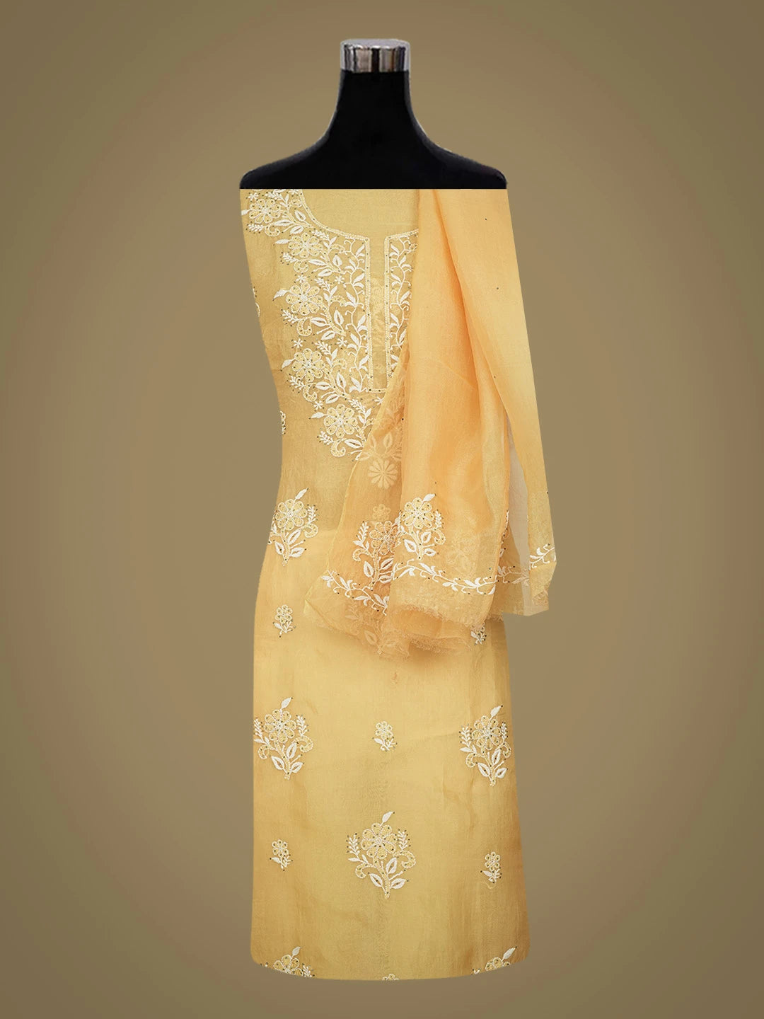 Ada Hand Embroidered Orange Organza Lucknowi Chikankari Unstitched Kurta Dupatta Set With Mukaish Work 01A364320