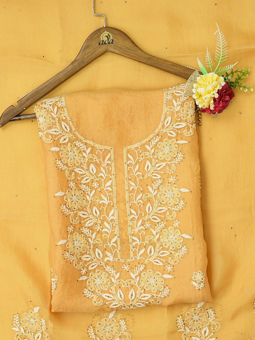 Ada Hand Embroidered Orange Organza Lucknowi Chikankari Unstitched Kurta Dupatta Set With Mukaish Work 01A364320