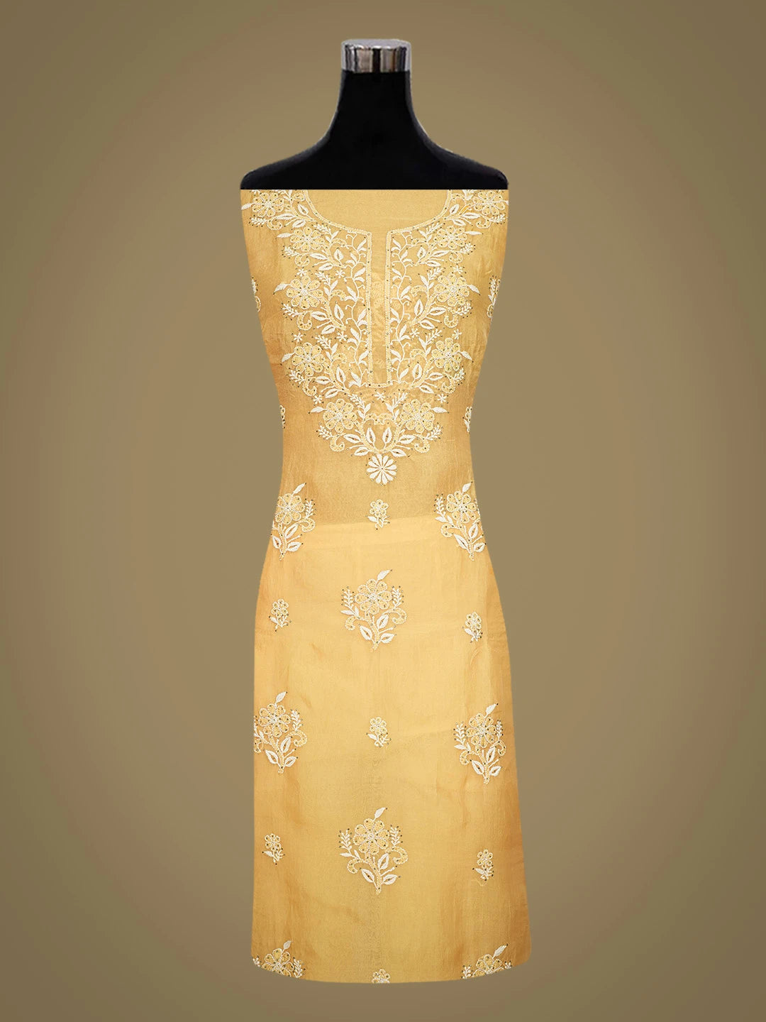 Ada Hand Embroidered Orange Organza Lucknowi Chikankari Unstitched Kurta Dupatta Set With Mukaish Work 01A364320