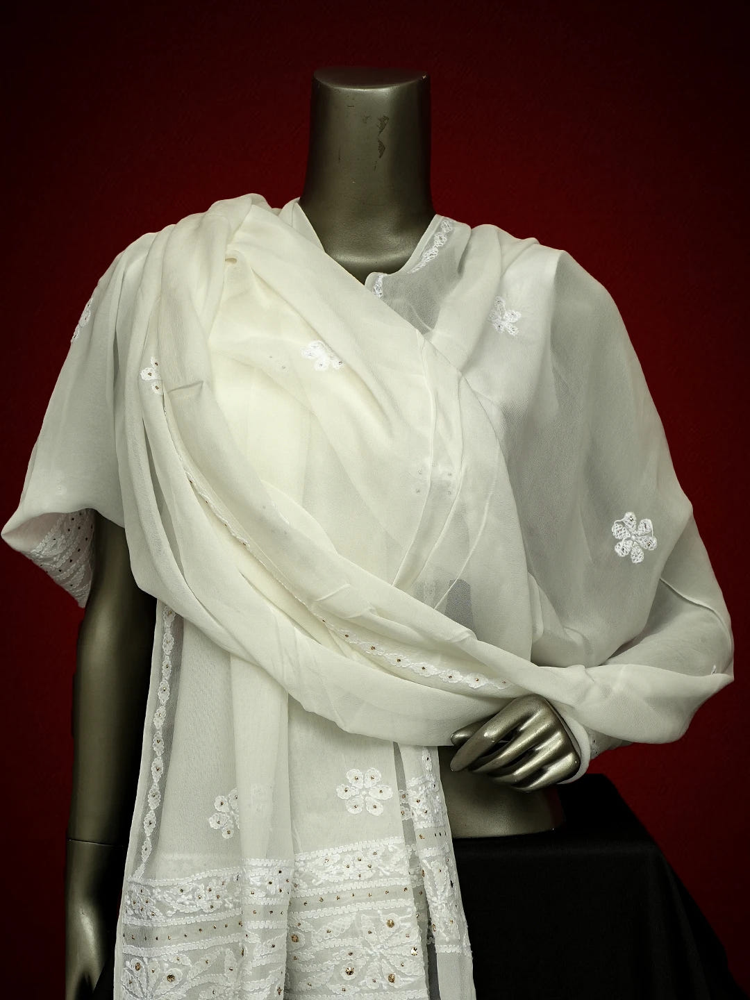 Ada Hand Embroidered White Viscose Georgette Lucknowi Chikankari Dupatta With Mukaish Work 01A695828