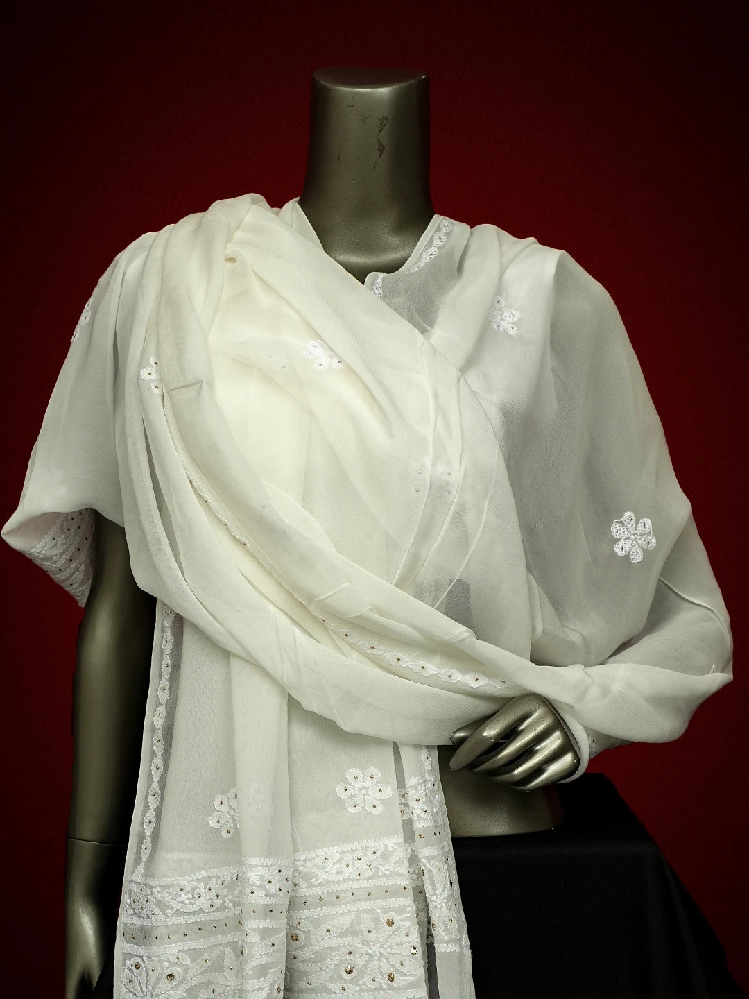 Ada Hand Embroidered White Viscose Georgette Lucknowi Chikankari Dupatta With Mukaish Work 01A695828