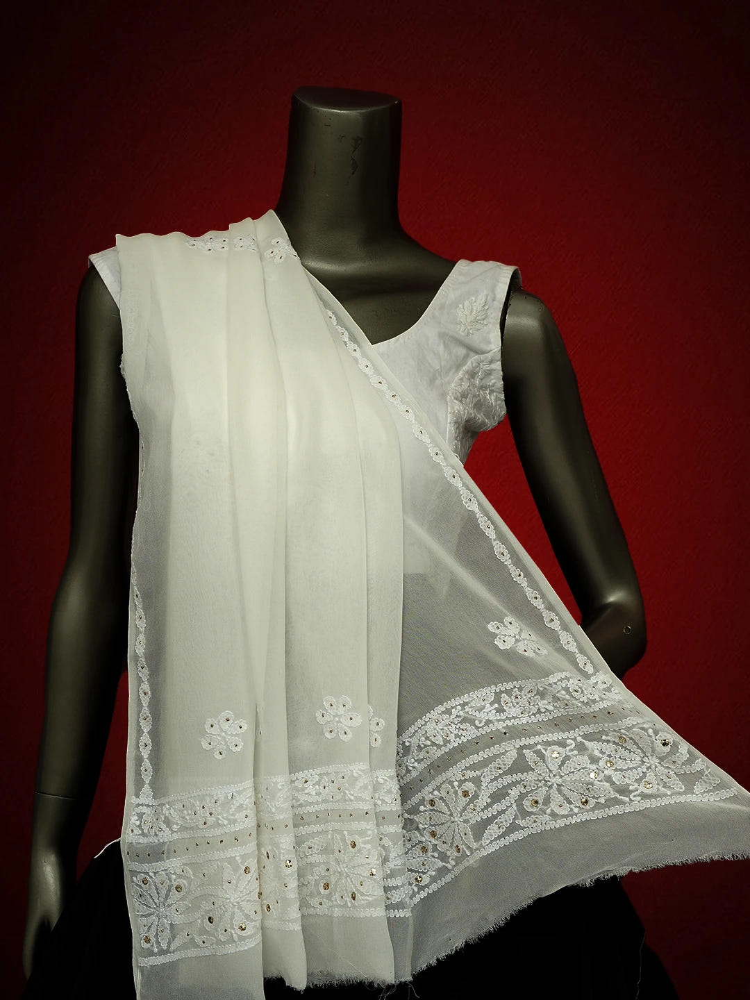Ada Hand Embroidered White Viscose Georgette Lucknowi Chikankari Dupatta With Mukaish Work 01A695828