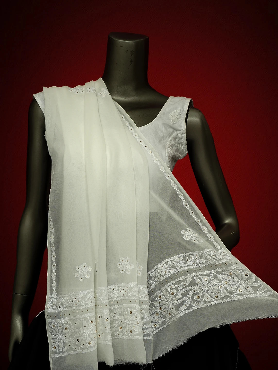 Ada Hand Embroidered White Viscose Georgette Lucknowi Chikankari Dupatta With Mukaish Work 01A695828