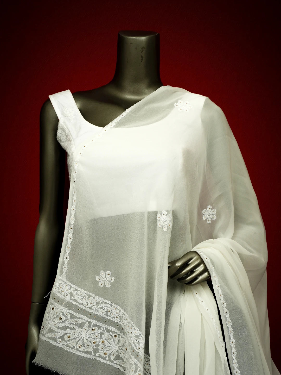 Ada Hand Embroidered White Viscose Georgette Lucknowi Chikankari Dupatta With Mukaish Work 01A695828