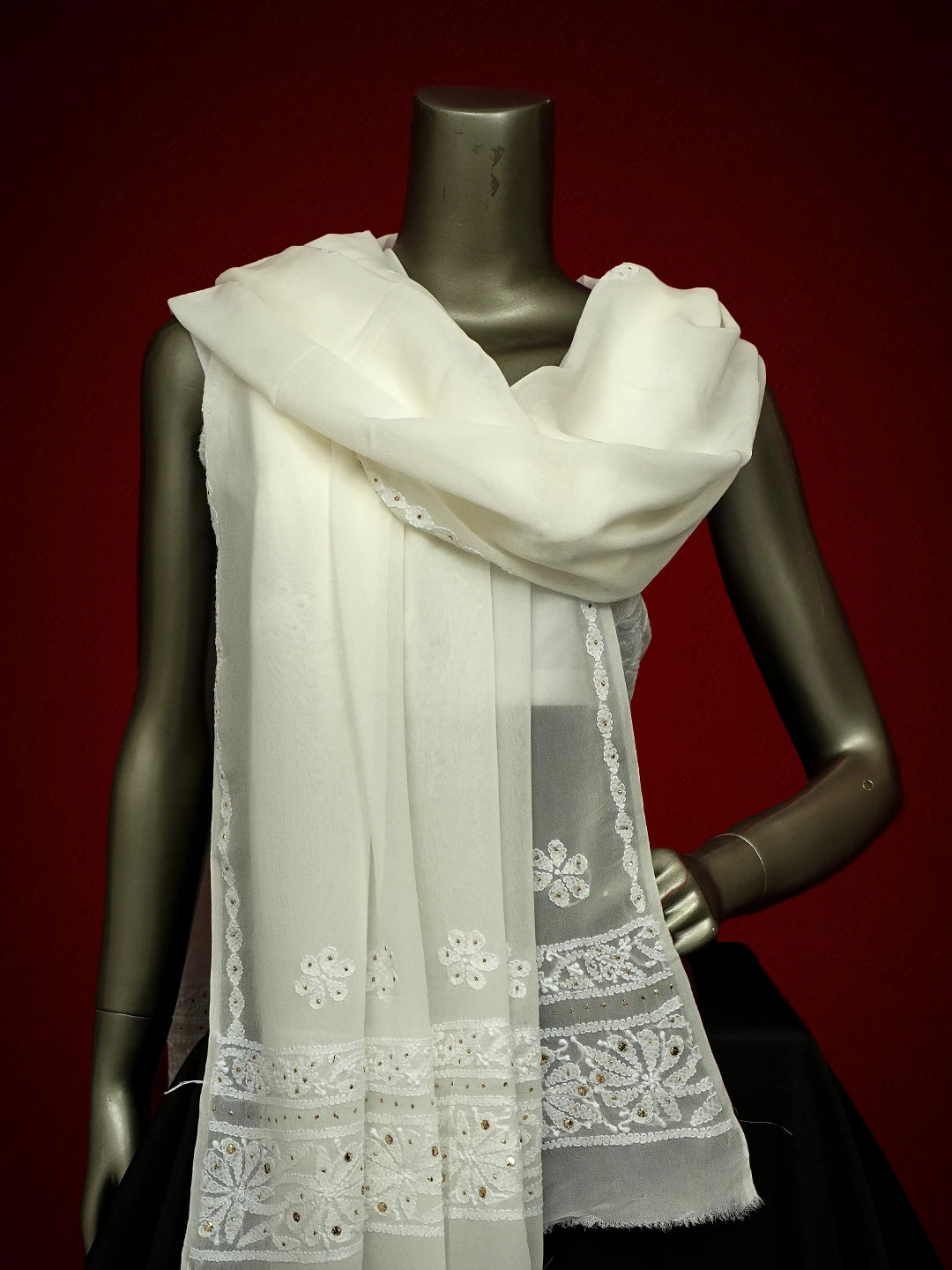 Ada Hand Embroidered White Viscose Georgette Lucknowi Chikankari Dupatta With Mukaish Work 01A695828