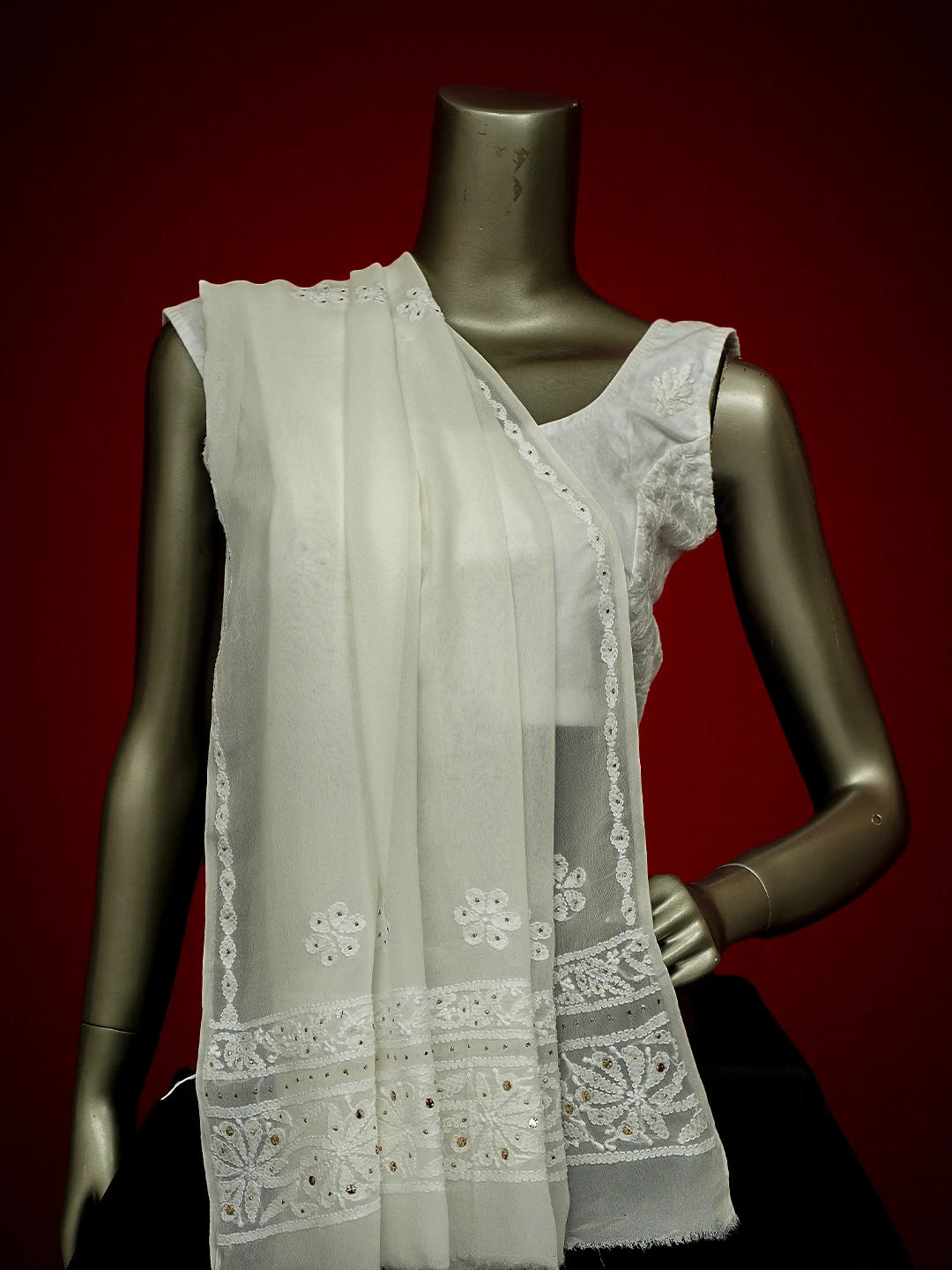 Ada Hand Embroidered White Viscose Georgette Lucknowi Chikankari Dupatta With Mukaish Work 01A695828