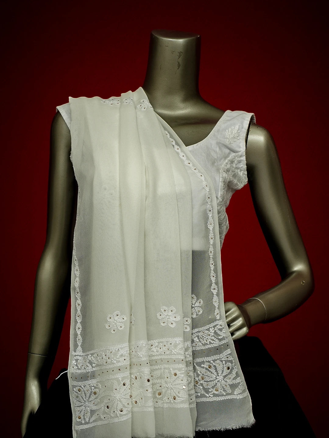Ada Hand Embroidered White Viscose Georgette Lucknowi Chikankari Dupatta With Mukaish Work 01A695828
