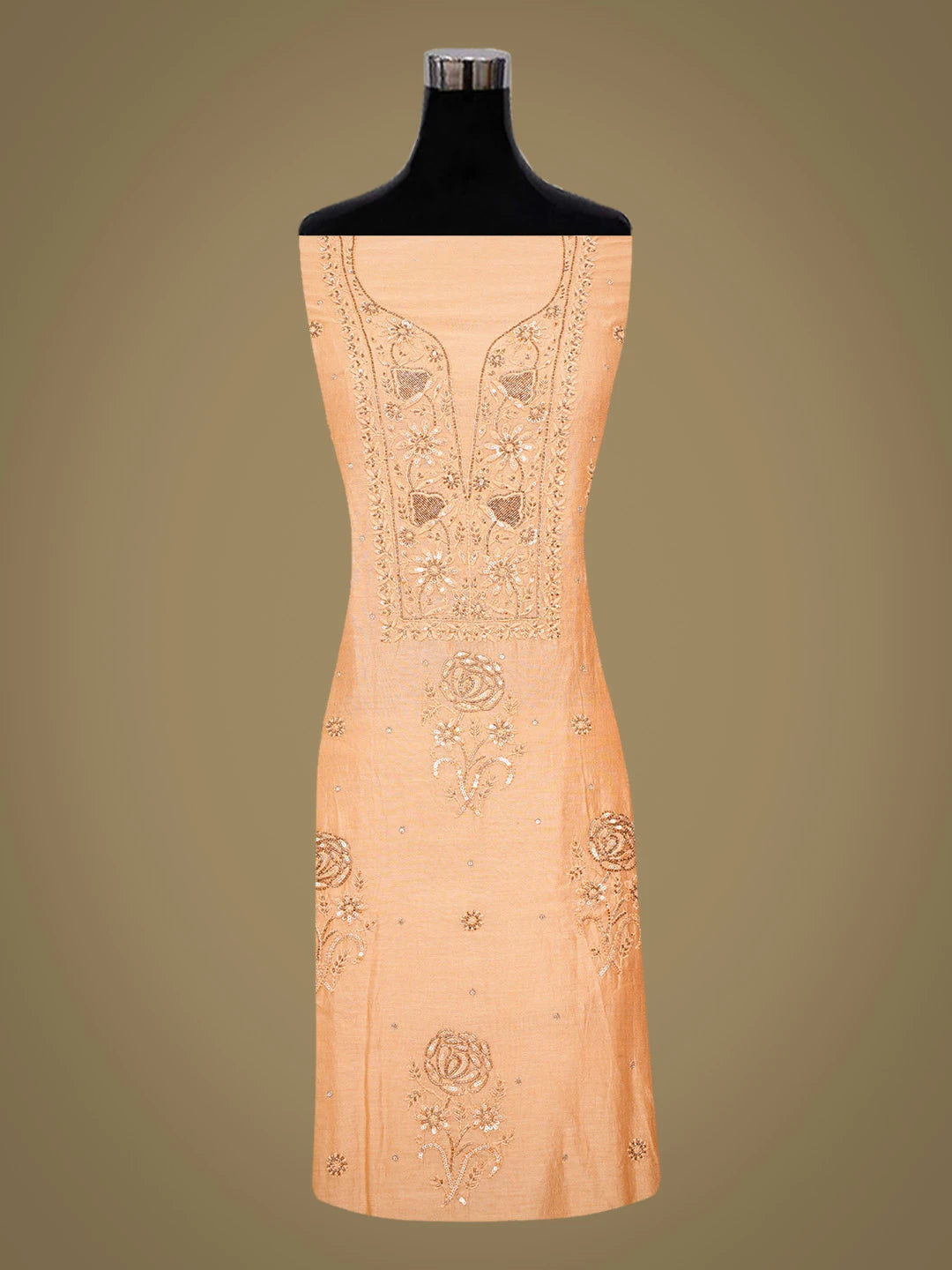 Ada Hand Embroidered Persian Orange Chanderi Lucknowi Chikankari Unstitched Kurta Dupatta Set With Sequinned Work 01A118469