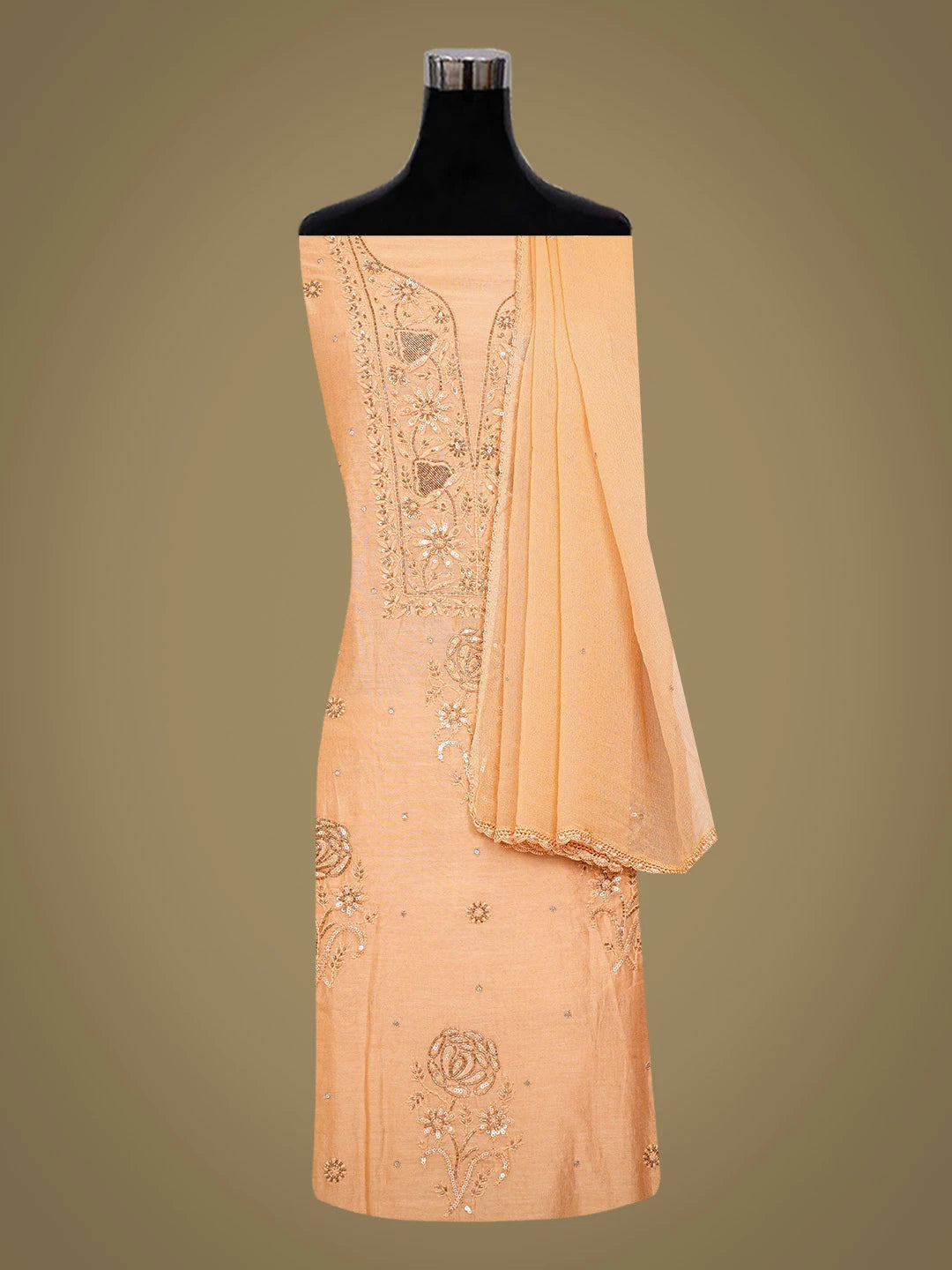 Ada Hand Embroidered Persian Orange Chanderi Lucknowi Chikankari Unstitched Kurta Dupatta Set With Sequinned Work 01A118469